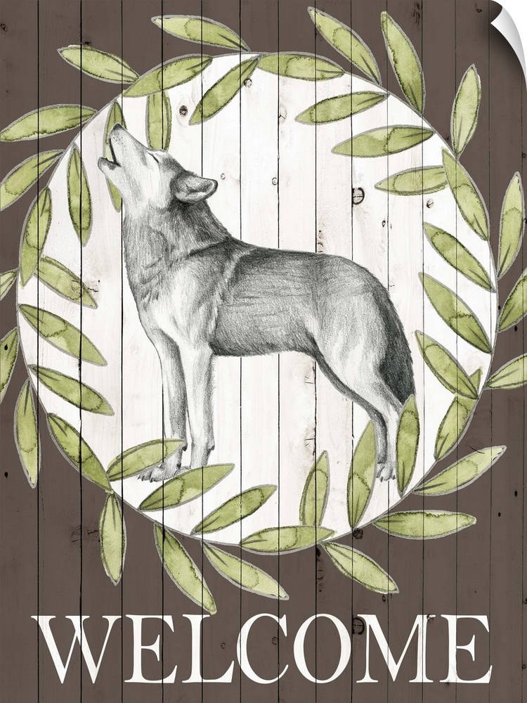 Cabin style artwork on a brown wood paneled background of a sketched wolf inside of a green wreath and "Welcome" written a...