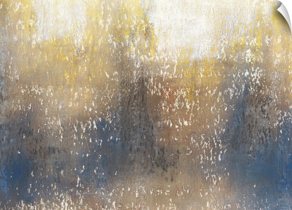 Contemporary abstract painting using tones of gold in cascading and gradating movements.