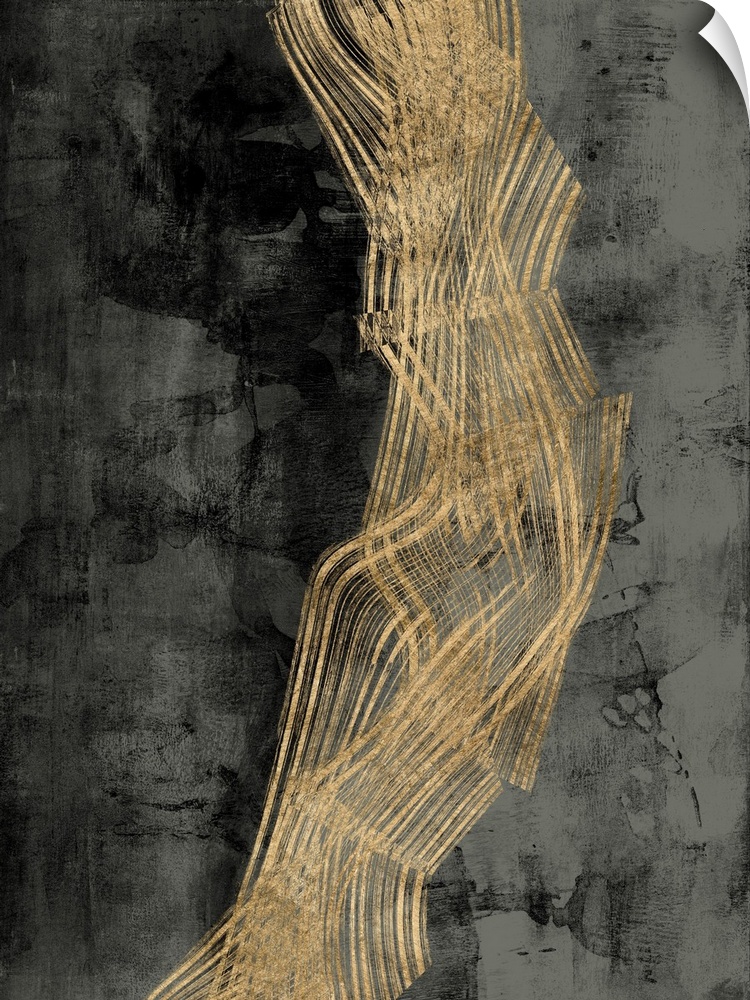 Abstract contemporary artwork with gold wavy lines crossing through dark grey.