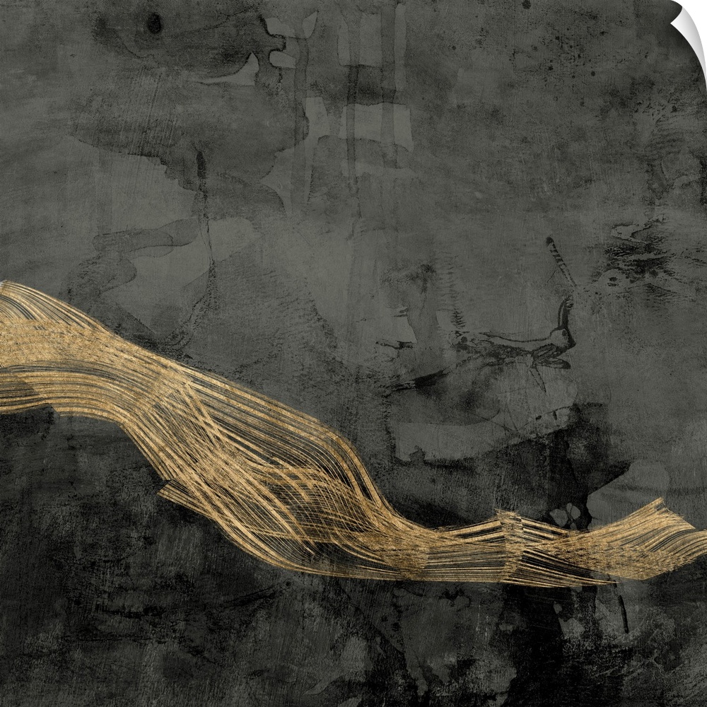 Abstract contemporary artwork with gold wavy lines crossing through dark grey.