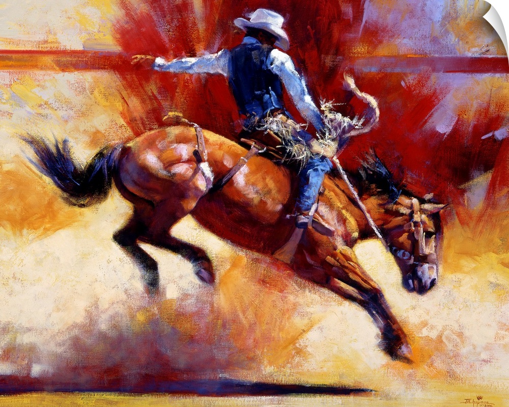 Contemporary painting of a cowboy riding a horse that is in mid action throwing up dust on canvas.