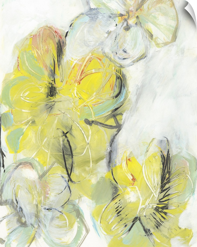Semi-abstract artwork of yellow and white flowers.