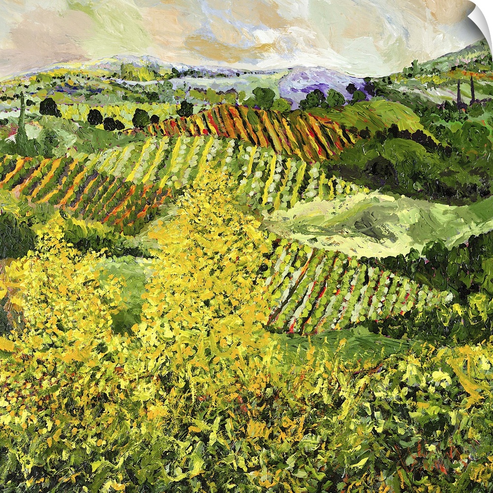 Contemporary painting of a country landscape with two yellow trees looking over crops growing in rows.