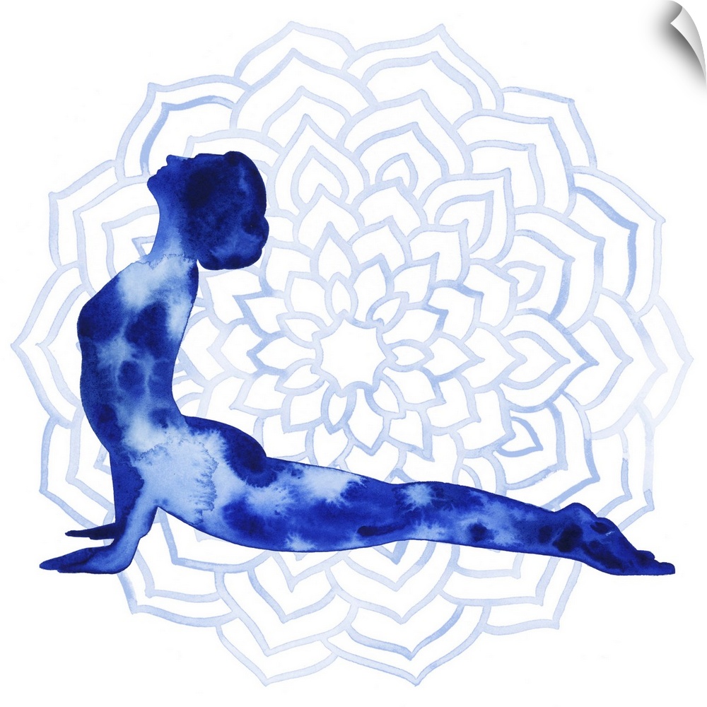 This serene series features a silhouetted yoga pose in blue watercolor over a lotus flower design on a white background.