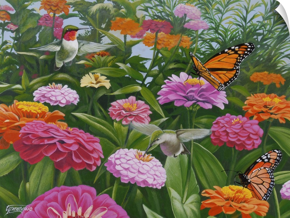 Contemporary painting of a monarch butterfly and a humming bird in a field of zinnia flowers.