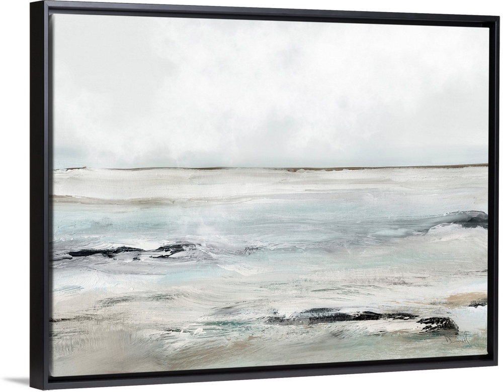A contemporary abstract seascape with waves washing over dark rocks under a grey sky. Perfect for a beach theme or any coo...