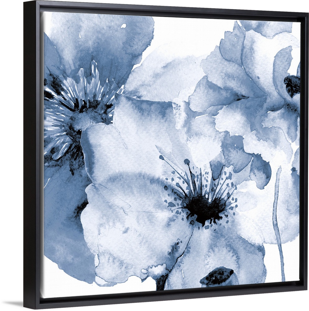 Contemporary watercolor painting of pale blue flowers with broad petals.