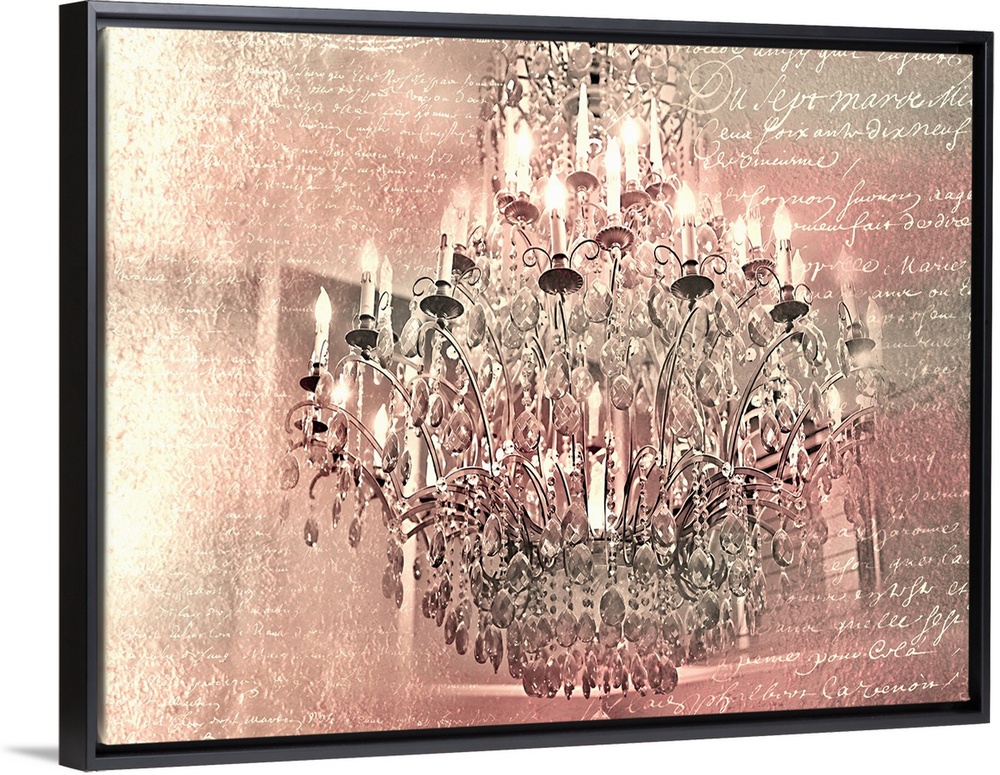 A chandelier on a pink toned background with white handwritten text