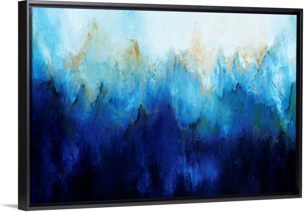 Contemporary abstract painting in shades of blue ranging from pale blue to deep navy.