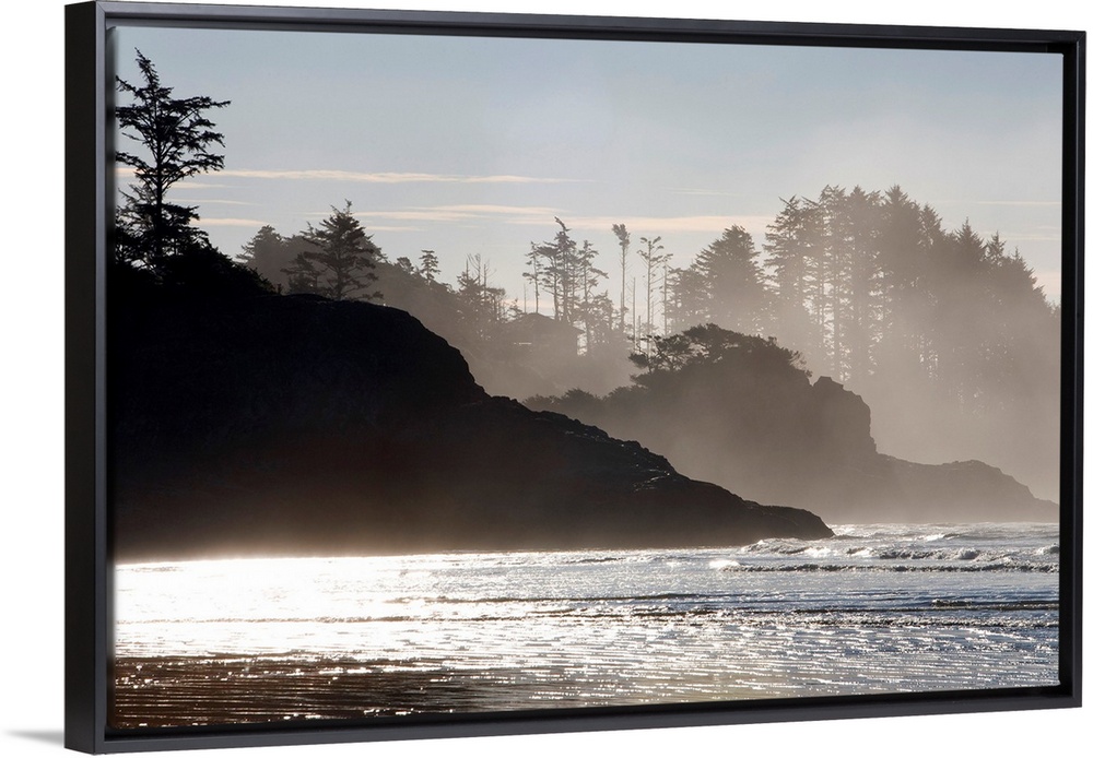 Mist rises of the sea against the silhouettes of rocks and trees in this shore line photograph taken in the morning.