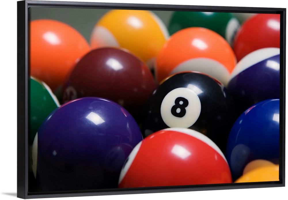 Close Up Of Pool Balls Racked On A Billiard Table Focused On The Eight Ball
