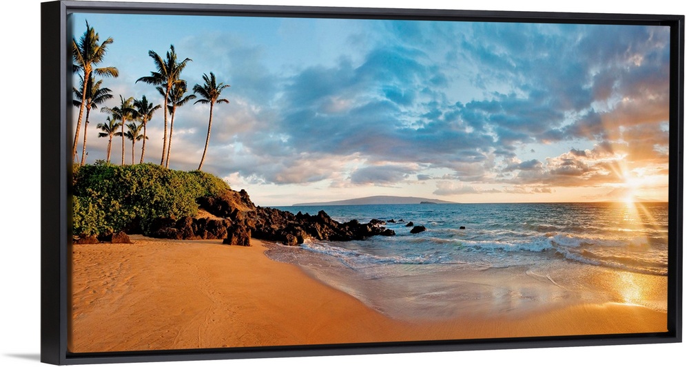 This panoramic landscape shows a small sandy beach lined with palm trees, an ocean with choppy waves, and a cloudy sky.