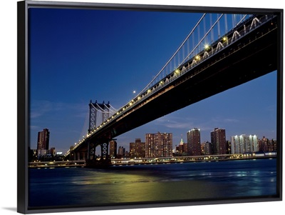Manhattan Bridge At Dusk With The Empire State Building Behind; New York City, New York