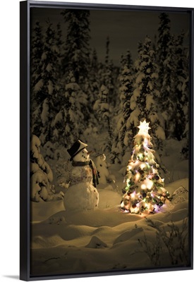 Snowman In Snowcovered Spruce Forest Next To Christmas Tree