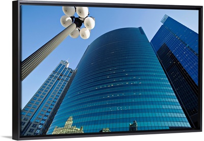 Wacker Drive Building With Street Lamp In Foreground, Low Angle View