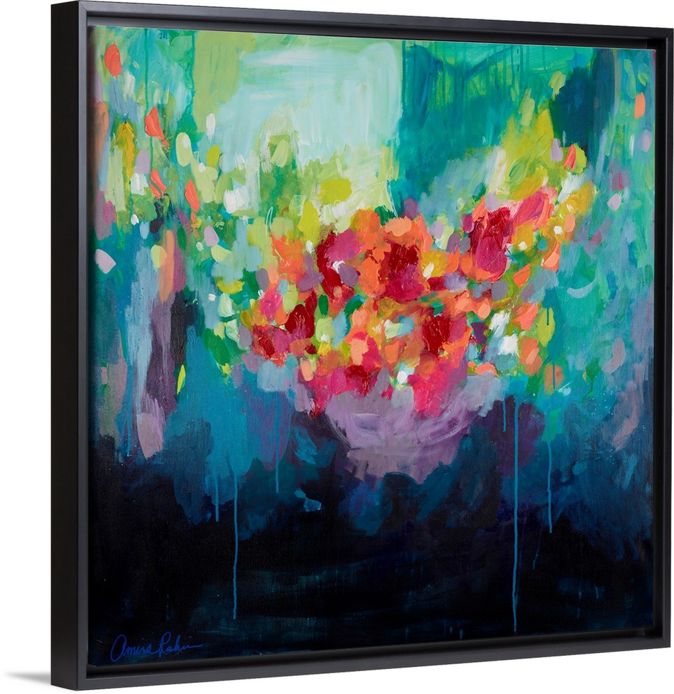 Contemporary mixed media painting in bright red and orange over deep blue and turquoise.