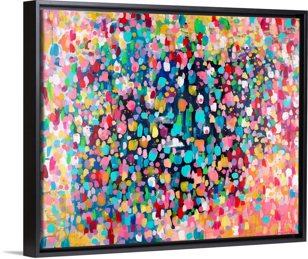 Contemporary abstract painting of vivid multicolored spots, resembling confetti.