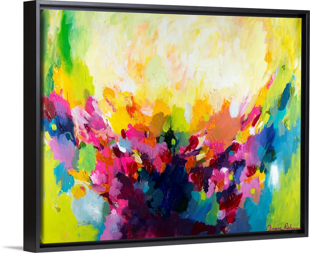Contemporary abstract painting in bright shades of pink, orange, green, and blue.