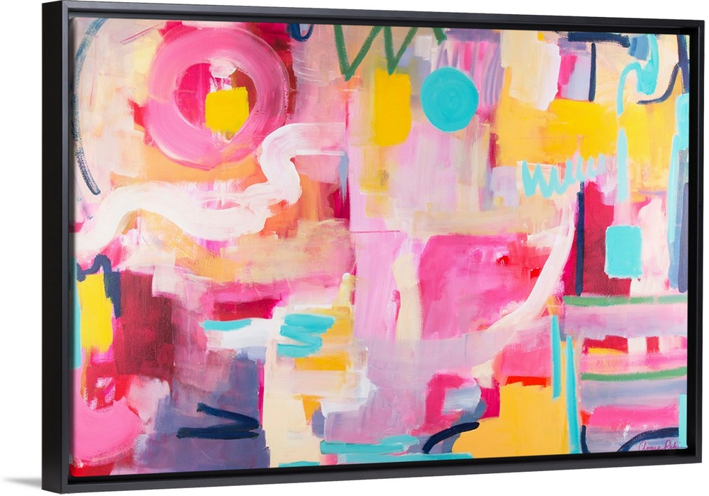 Contemporary artwork in pink, yellow, and turquoise.