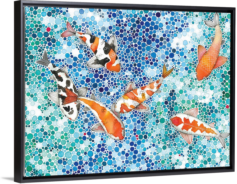 Contemporary painting of six koi fish seen from above in a stylized pond made up of tiny circles.