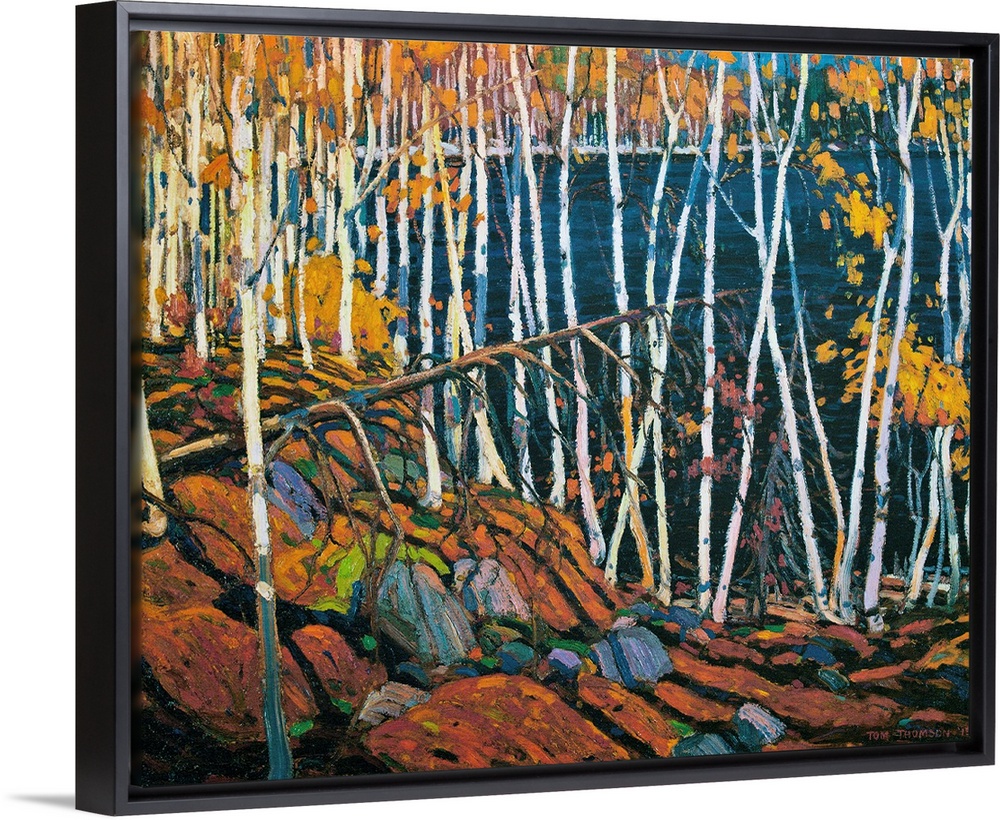 A painting made on canvas of thin trees with rocks on the ground surrounding a lake.