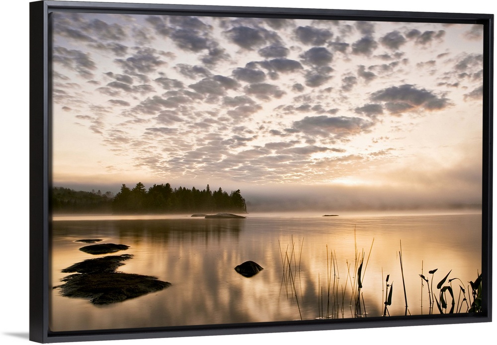 Horizontal photograph on a big wall hanging of the sun set reflecting in a large body of water, a distant tree line in the...