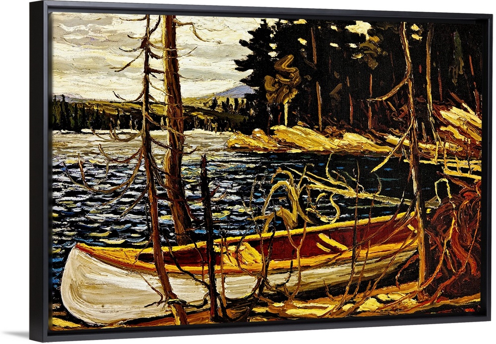 Big, landscape painting of an empty canoe banked against small trees along the shore.  A dense forest of pines in the back...