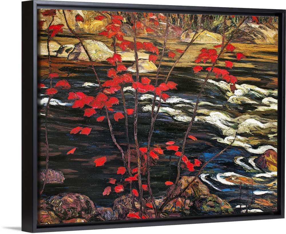 Painting of brightly colored fall leaves with a river running over rocks and a forest in the distance.
