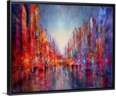 City In Blue And Red Reflected In The River