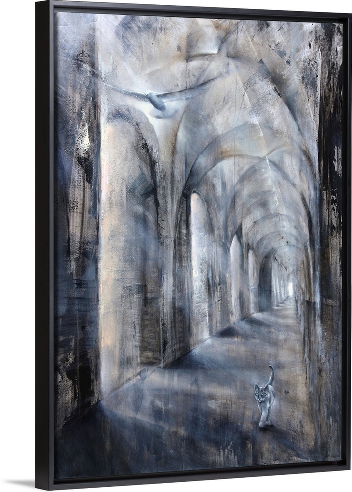 Abstract painted view of a building with columns and wide open domes in black and white, with a cat and a bird.