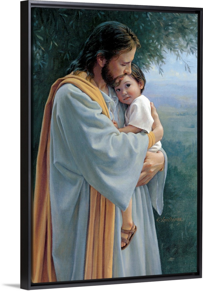 Painting of Jesus holding a small child in his arms.