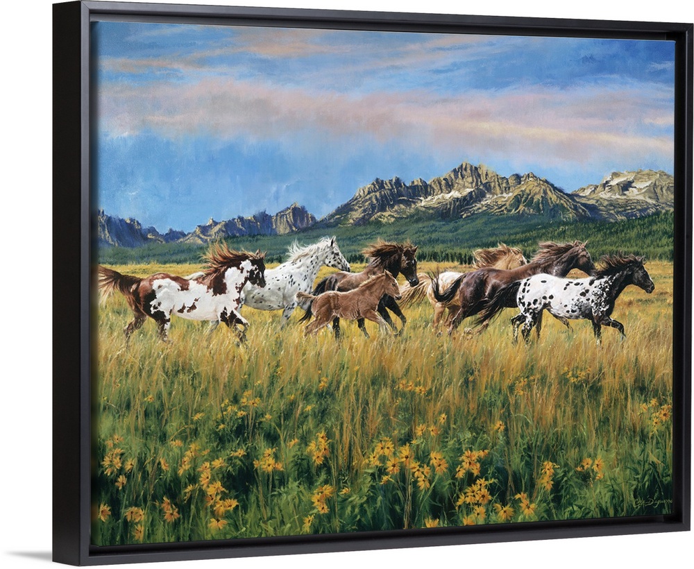 Painting of wild horses running through a meadow of flowers and tall grass with mountains in the distance under a cloudy sky.