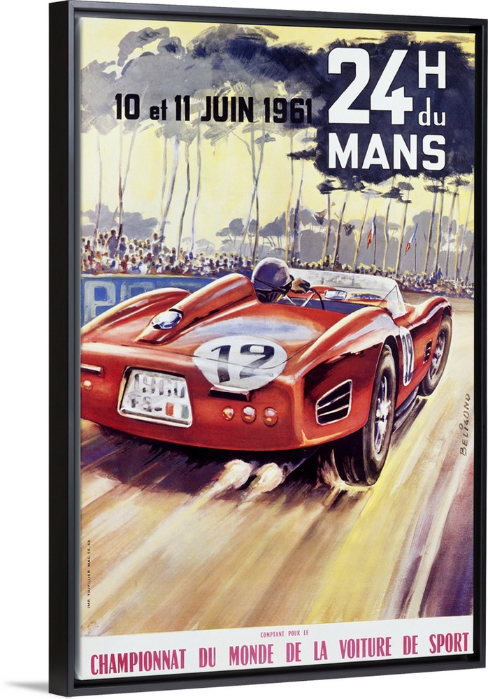 Giant antique advertising art for a car racing world championship showcases an automobile driving at high speed around a t...