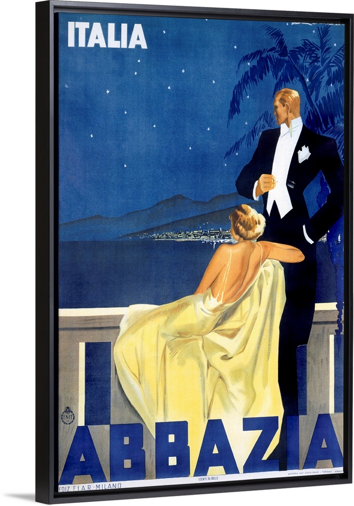 Antique advertising poster showcasing hotel in Venice.  A woman dressed in an evening gown and a man in a tuxedo are stand...