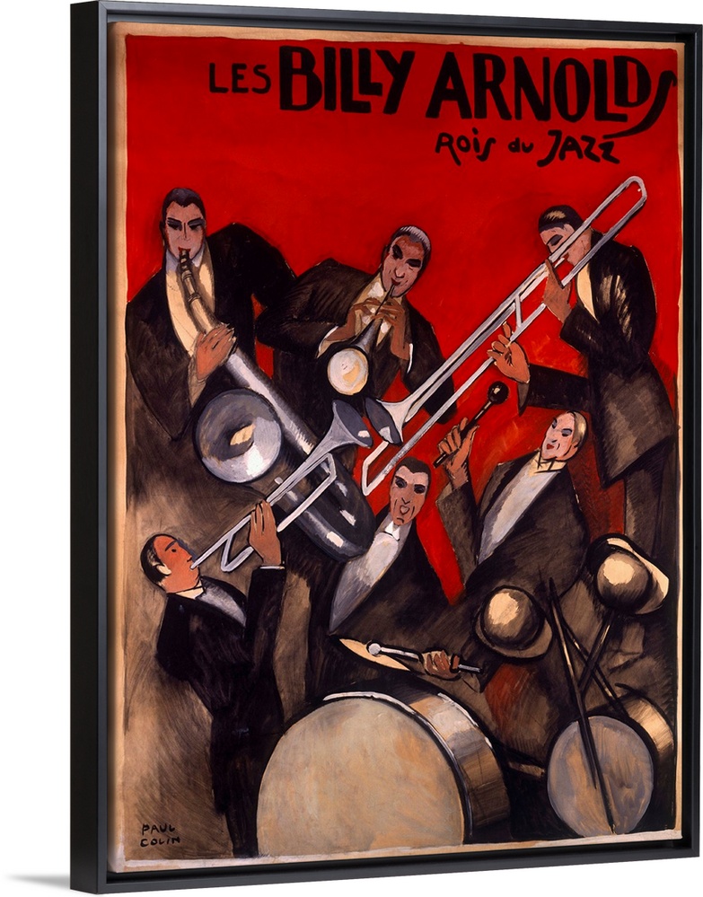 This Art Deco wall art is a theatrical poster advertising a jazz orchestral band of musicians in tuxedos.