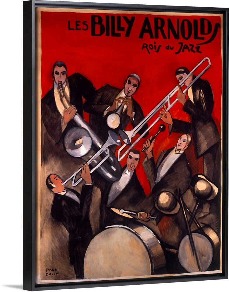 This Art Deco wall art is a theatrical poster advertising a jazz orchestral band of musicians in tuxedos.