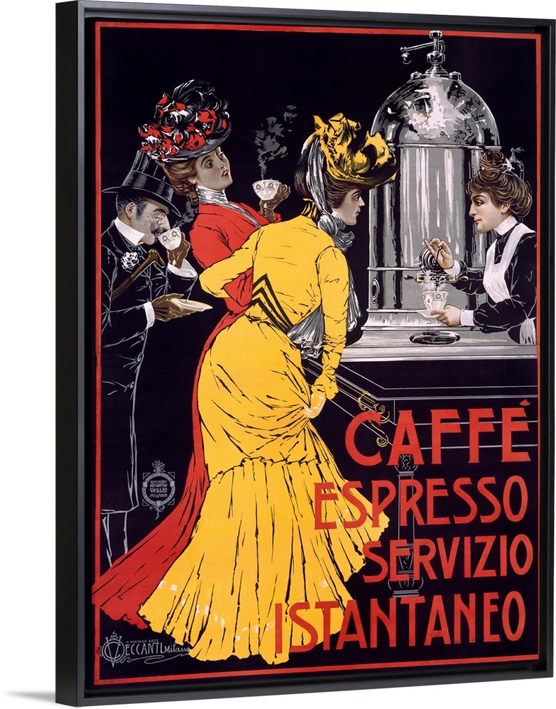 Classic advertisement for Caffe Espresso Servizio Instantaneo featuring two elegant ladies and a well-dressed man drinking...