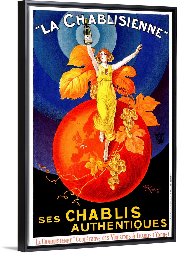 Colorful vintage advertising poster for white wine, featuring a glamorous red-headed woman standing on top of a red globe....