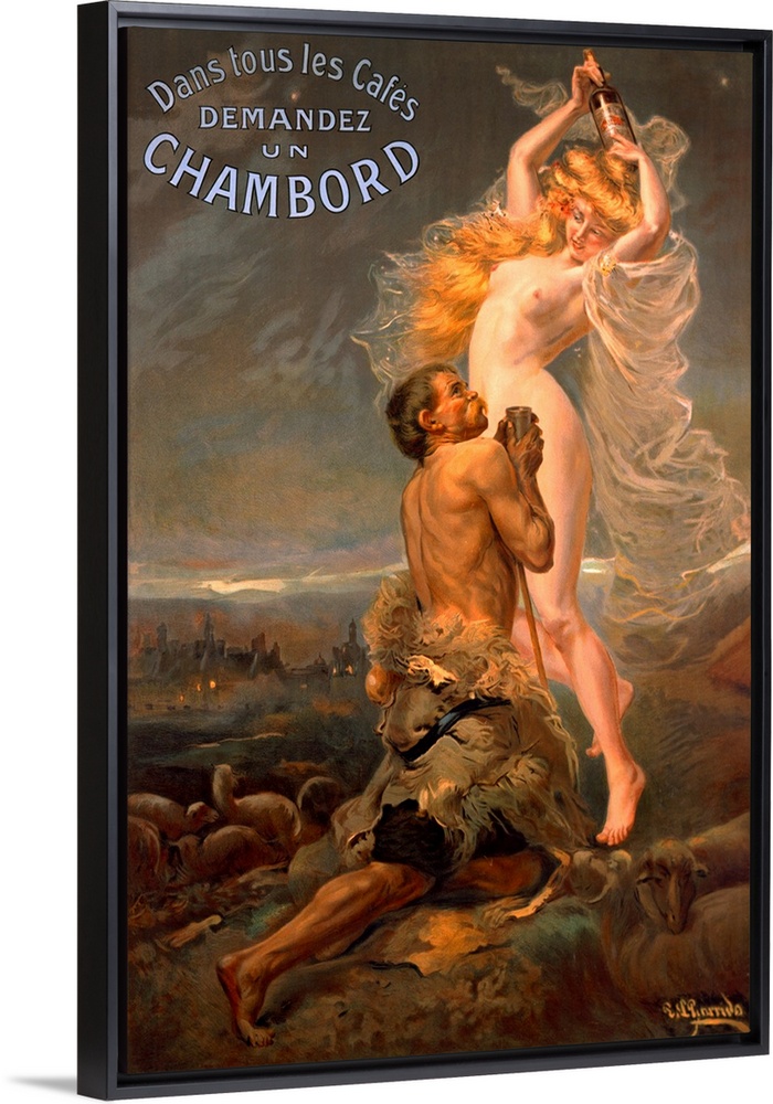 Giant vintage advertising art showcases a man begging a nude woman for some of the alcoholic beverage she holds in her han...