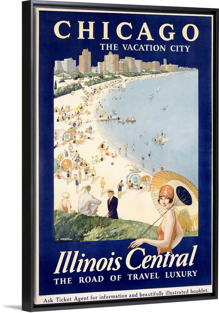 Huge advertising art focuses on a beach scene within the largest city of Illinois.  The populated beach is positioned in f...