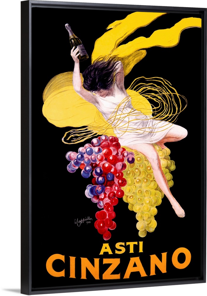 Vintage advertising poster for the Cinzano beverage, featuring a woman in a white dress atop large clusters of ripe red an...