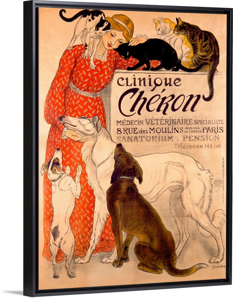 Vintage artwork that shows a woman in a red dress being loved on by both cats and dogs.