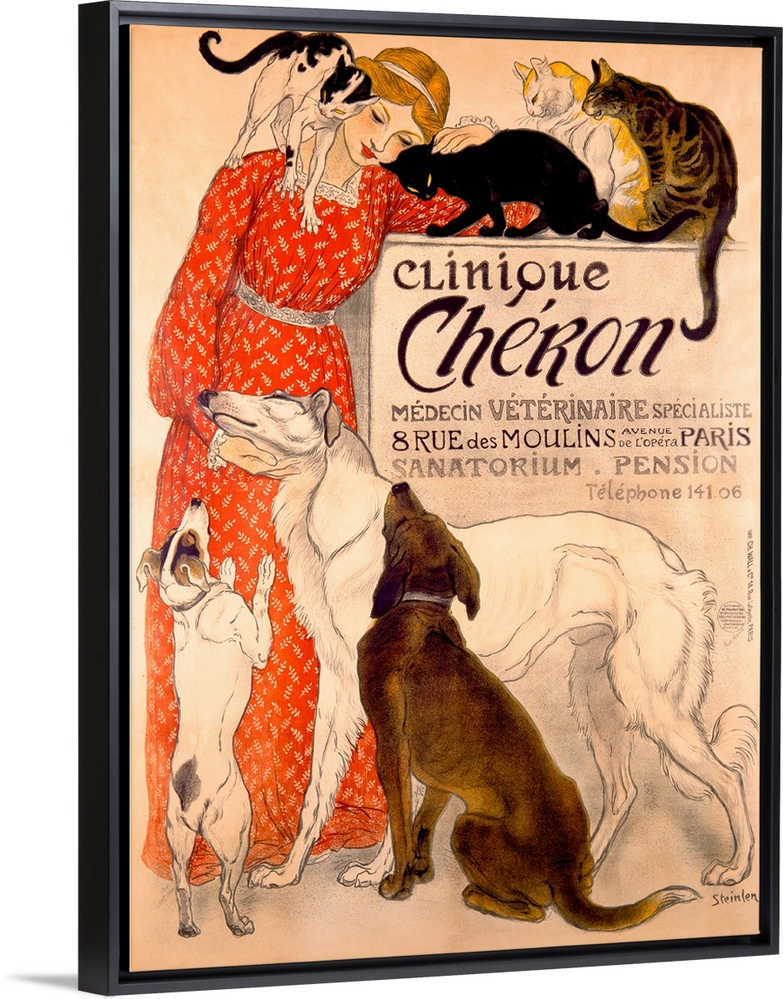 Old advertising poster.  There is an image of a woman surrounded by cats and dogs that are vying for her attention.