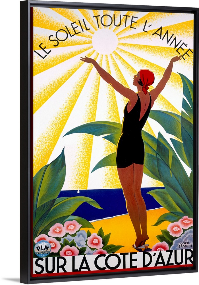 This Art Deco advertising poster shows a woman in an early 20th century swimsuit surrounded by tropical plants and raising...