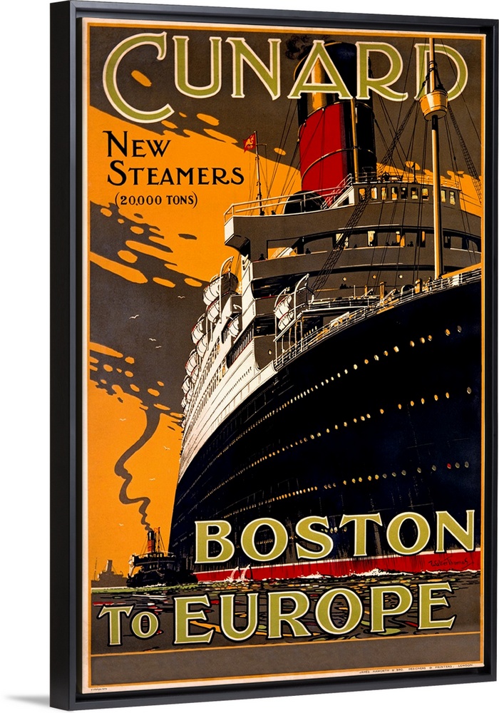 Huge vintage art displays an advertisement for a cruise ship with surrounding text.