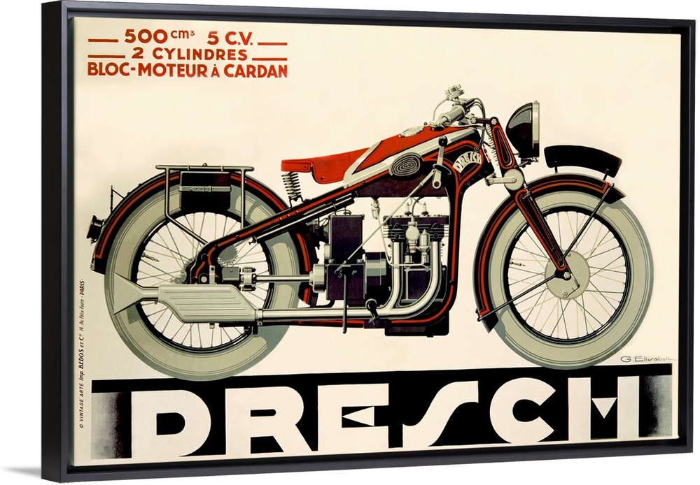 Large, horizontal vintage art advertisement of a Dresch, 500 CC Motorcycle in black and red, on a solid cream background.