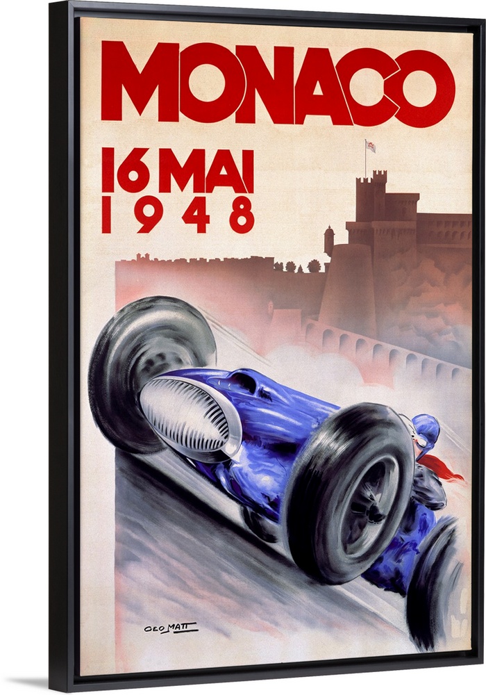 Old advertising poster for 16 Mai race with a vintage race car speeding along with the silhouette of a city in the distanc...