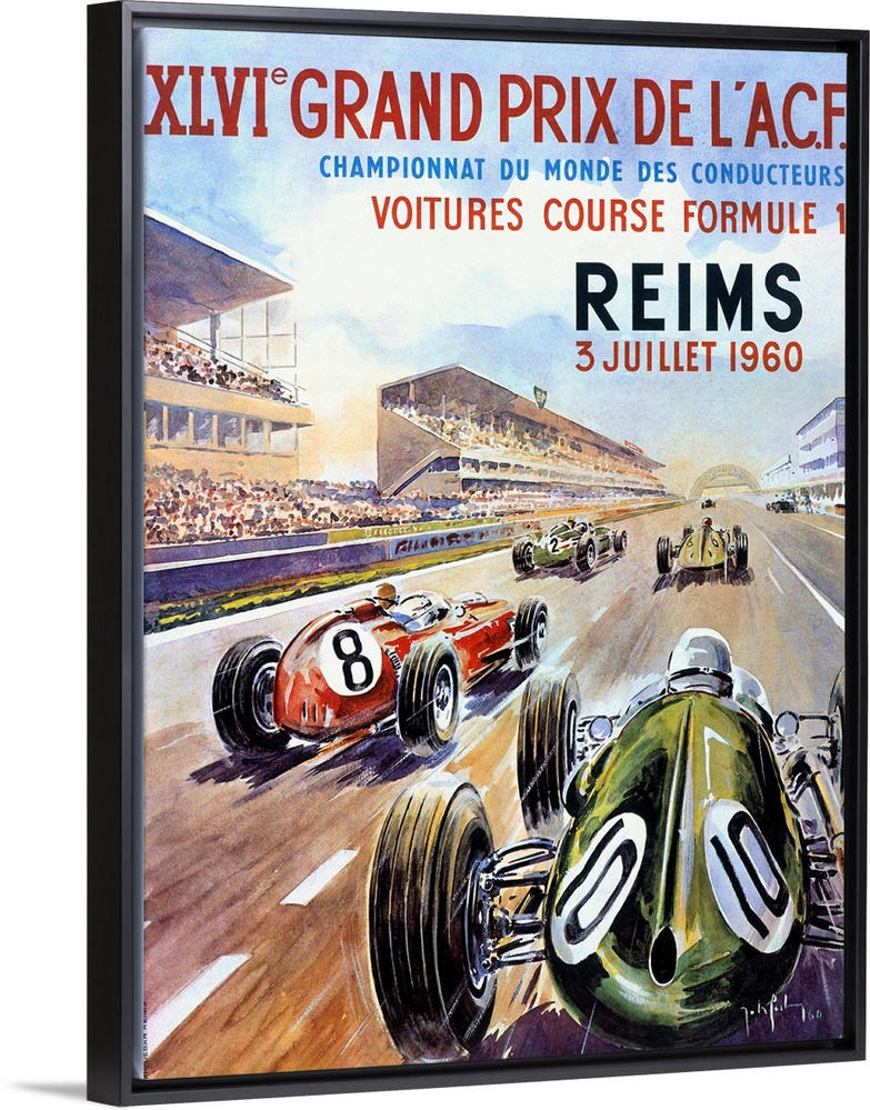 A vertical illustrated poster of race cars on a track in a stadium with a description of the race in French above the cars.