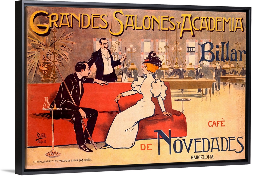 A horizontal, vintage advertising poster of a lounge and billiards club; in the foreground with two men in tuxedos are spe...