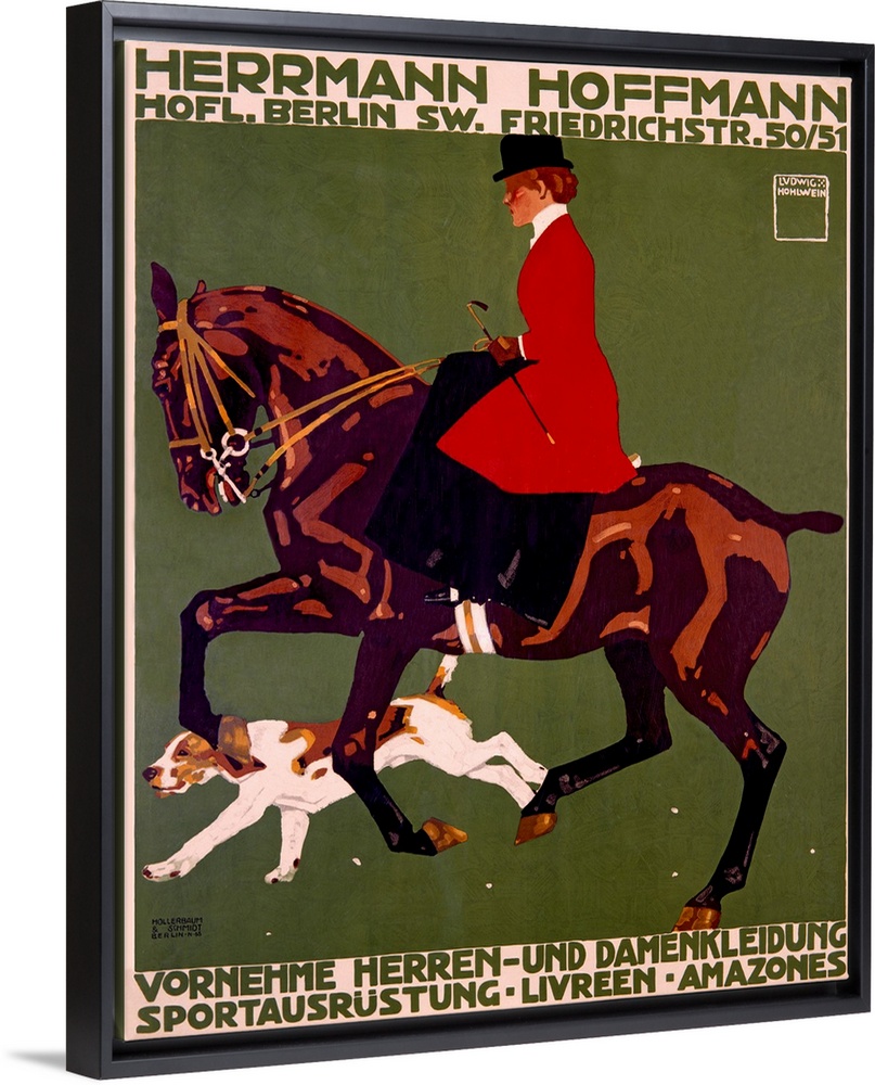 Giant advertising art displays the profile of a woman with a top hat riding a horse with a dog escorting the both of them....